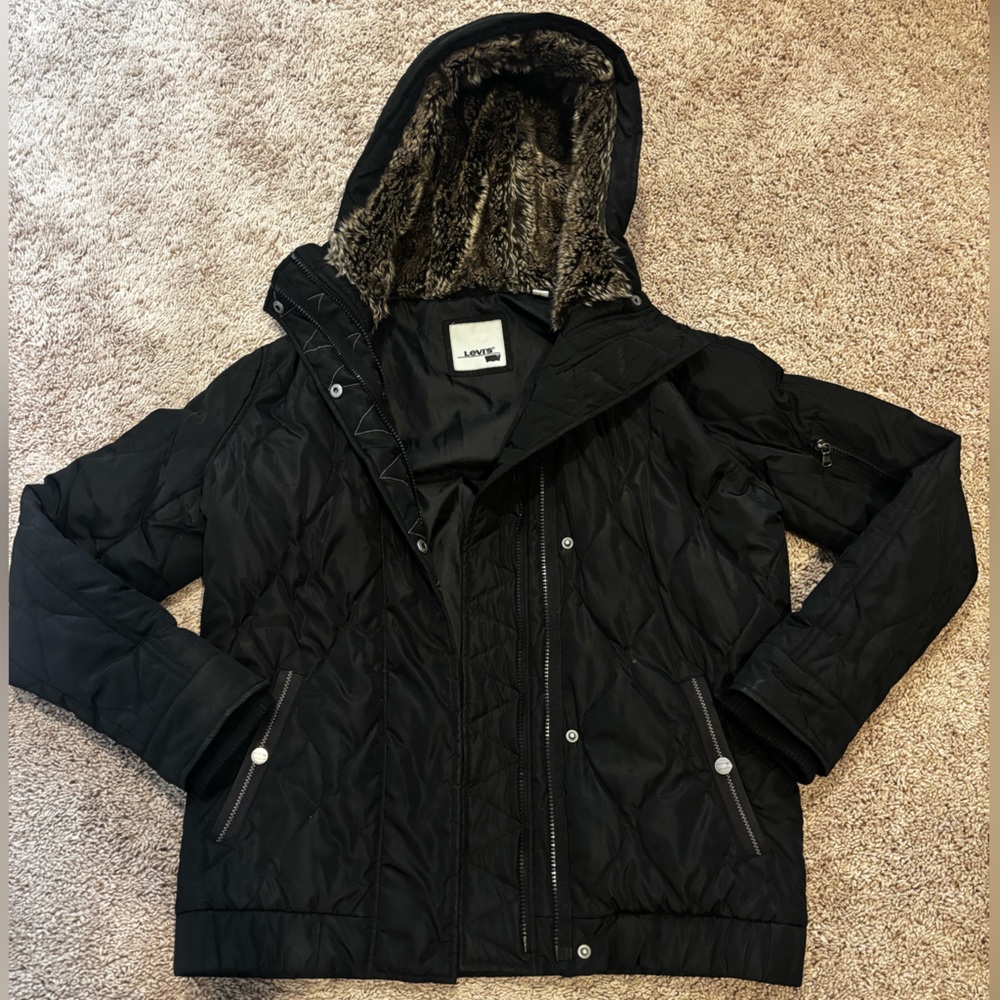 Levi's Black Puffer Jacket with Faux Fur Hood